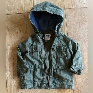 Old Navy olive lined army style zip-up jacket with hood and pockets- 12-18m